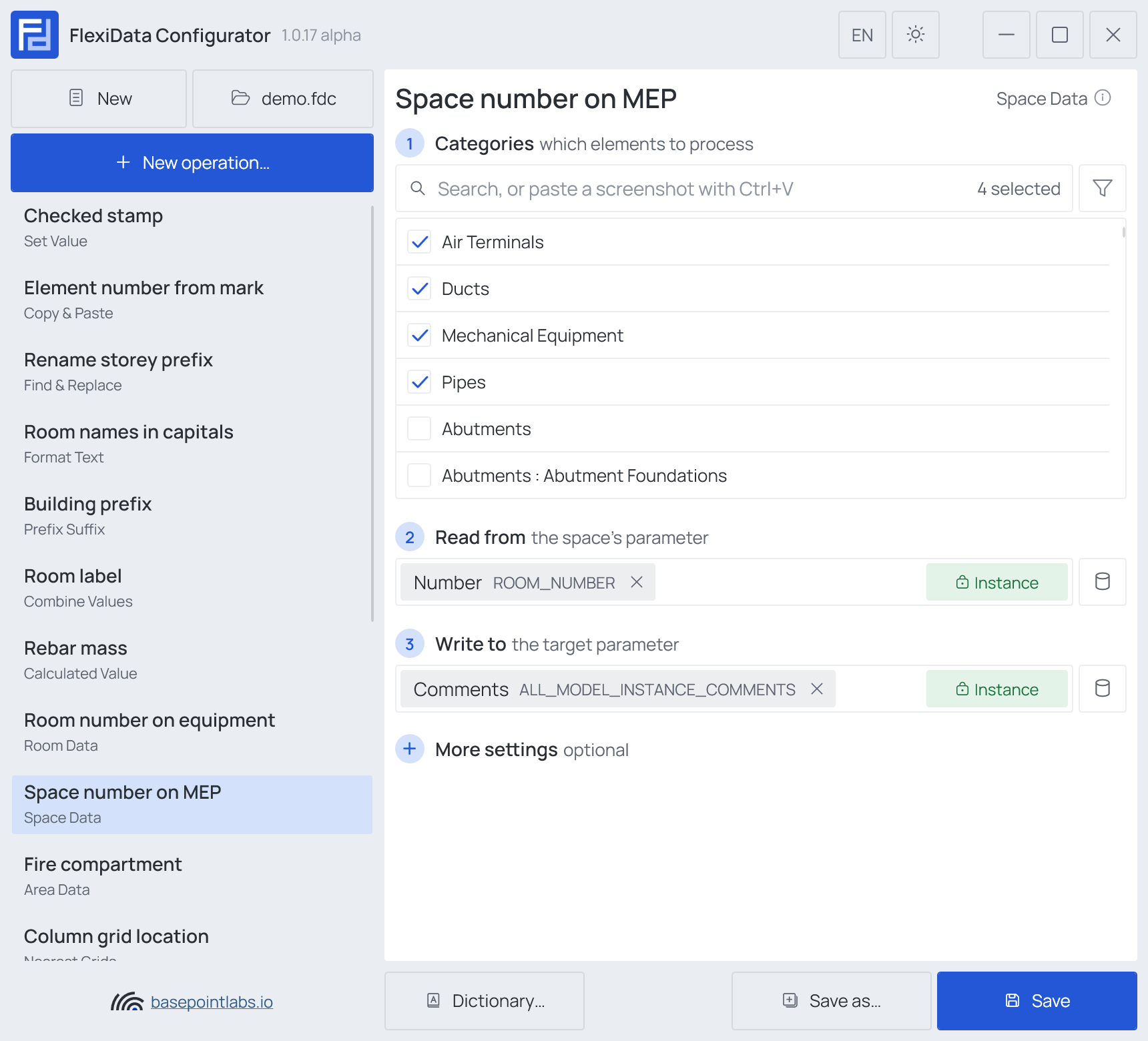 A Space Data operation: its steps, More settings folded