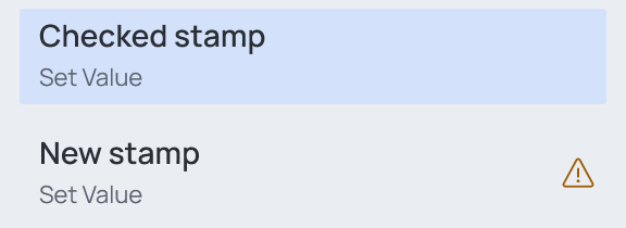 The list after the check: the amber warning at the end of the row of an operation without categories or target