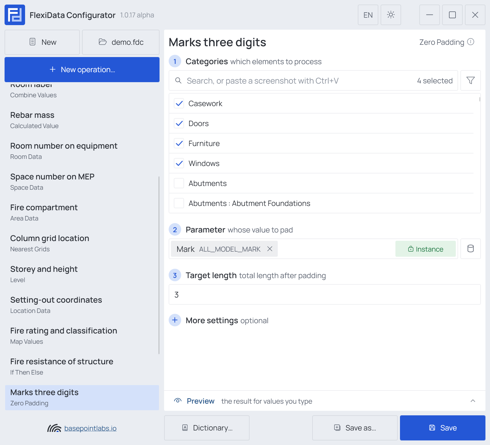A Zero Padding operation: its steps, More settings folded