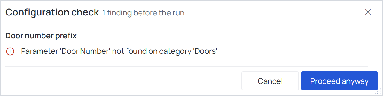 The Configuration check dialog with one finding
