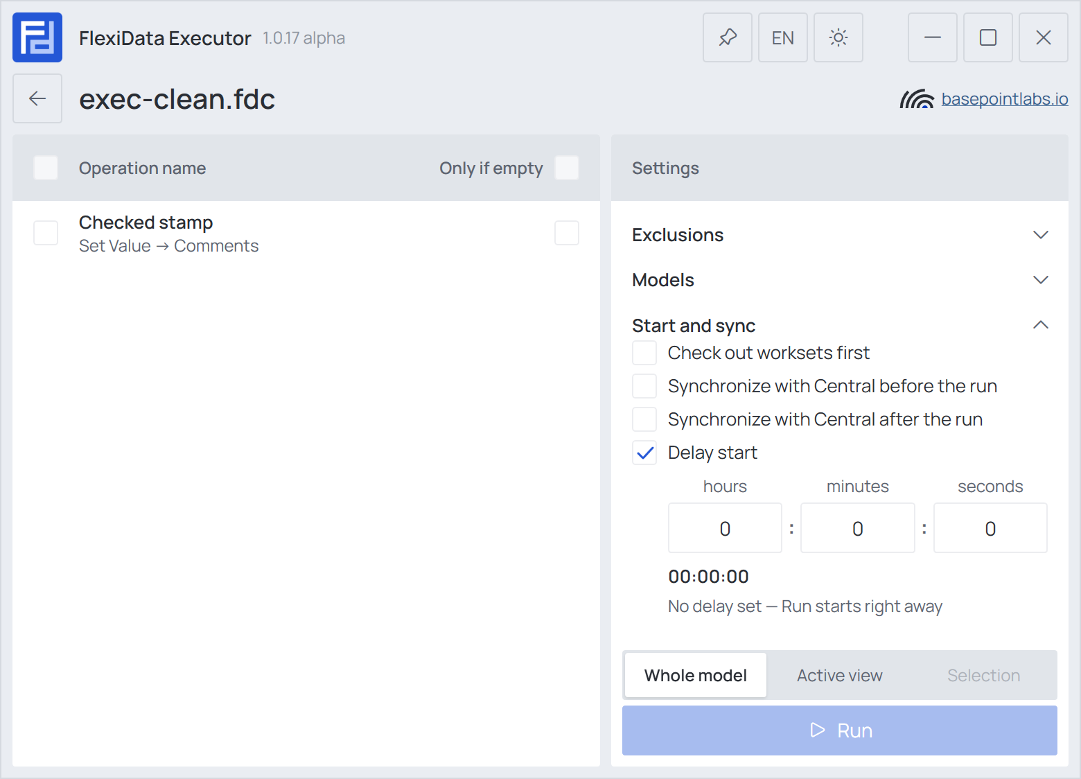 Start and sync unfolded with Delay start ticked: the hours, minutes and seconds fields and the hint under them