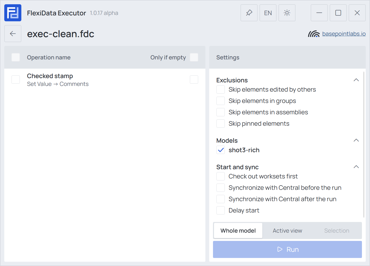 Settings with Exclusions, Models and Start and sync unfolded