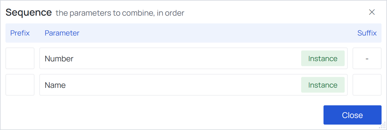The read-only Sequence, drawn as the Configurator's: the prefix, the parameter with its Instance tag and the suffix, each in its box